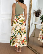 Asymmetrical Lace-Up Wrap Skirt in Tropical Print