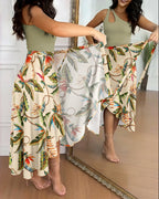 Asymmetrical Lace-Up Wrap Skirt in Tropical Print