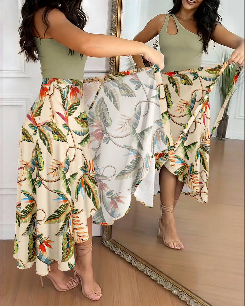 Asymmetrical Lace-Up Wrap Skirt in Tropical Print