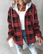 LA FINE FLEUR plaid button-up hoodie with asymmetrical hem, white top, and ripped blue jeans.