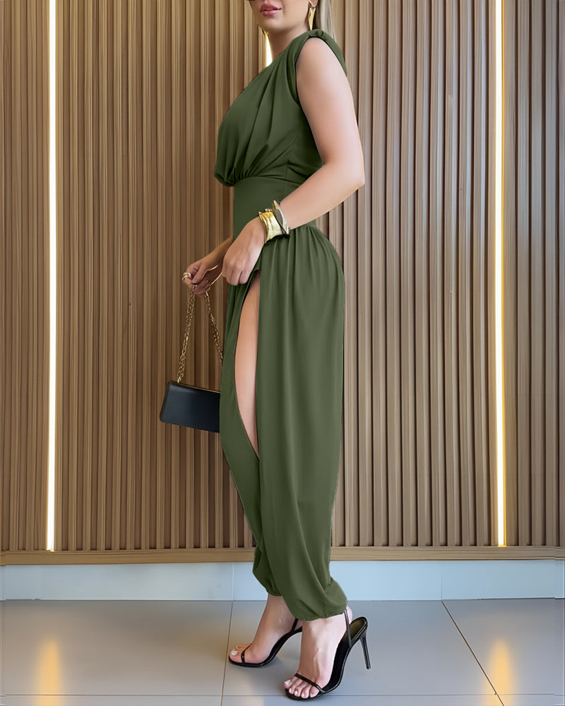 Padded Shoulder Sleeveless Jumpsuit with Cinched Waist and Side Slit