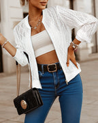 LA FINE FLEUR Jacquard Diamond Pattern Lightweight Bomber Jacket with Hollow-out Design, white crop top, blue jeans.
