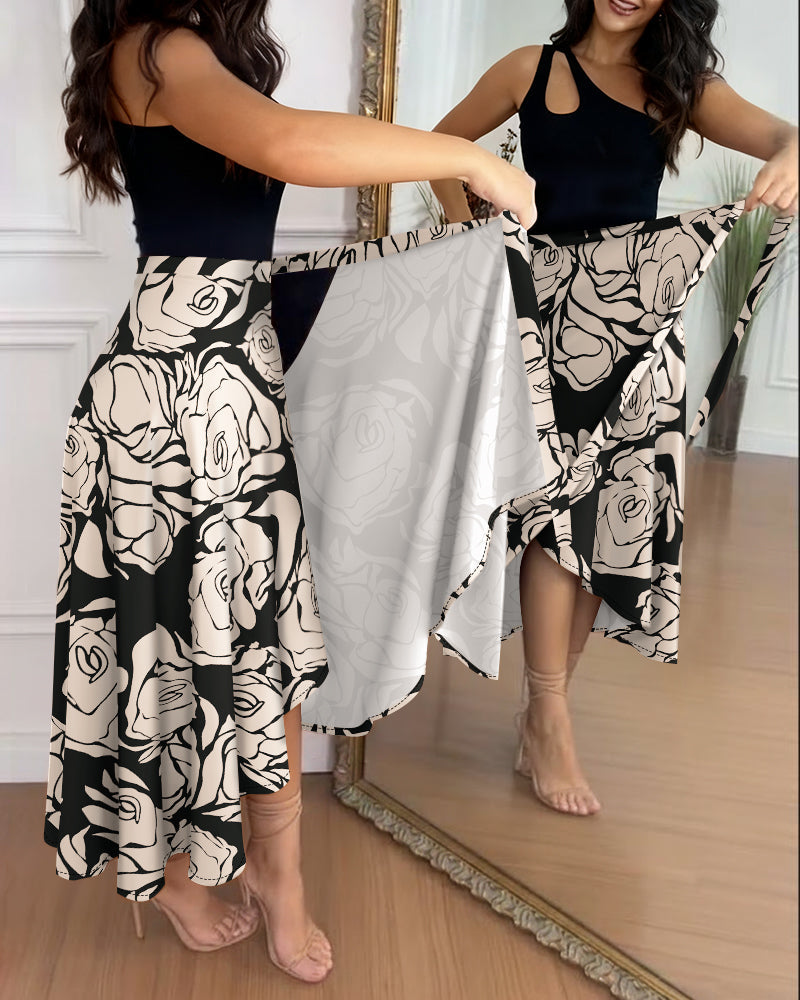 Colorblock Floral Skirt with Lace-Up and Asymmetrical Hem