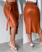 High-Waisted Faux Leather Midi Skirt with Side Split