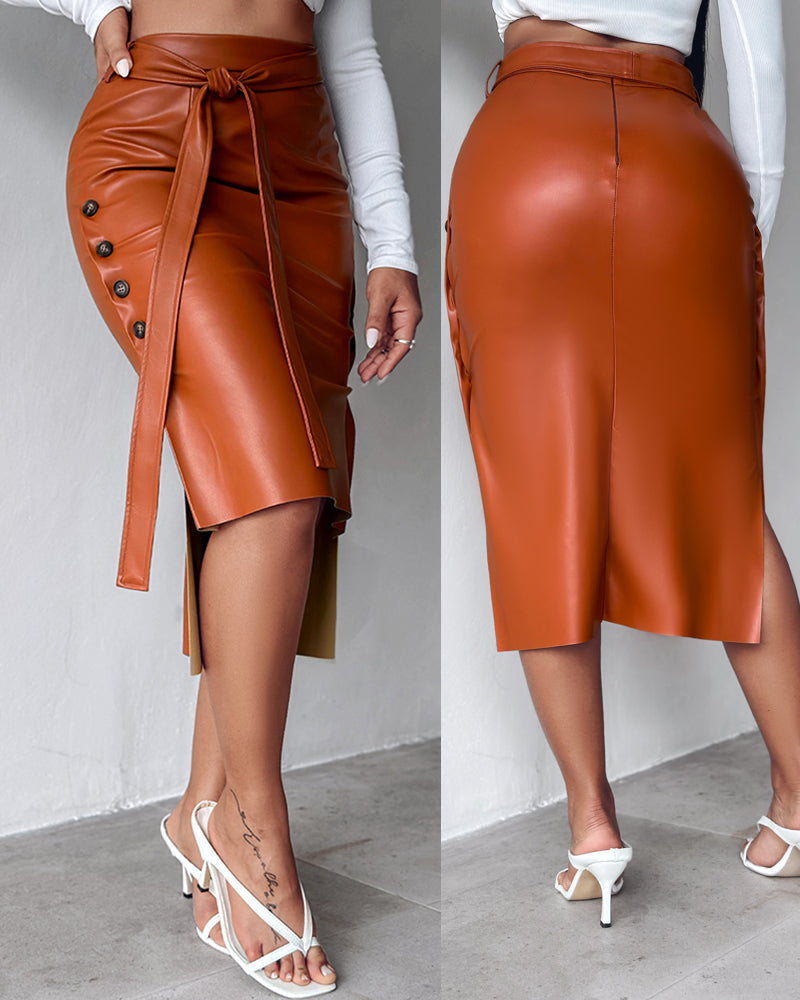 High-Waisted Faux Leather Midi Skirt with Side Split