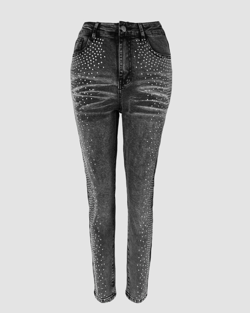 Rhinestone Accented Skinny Jeans with High Waist