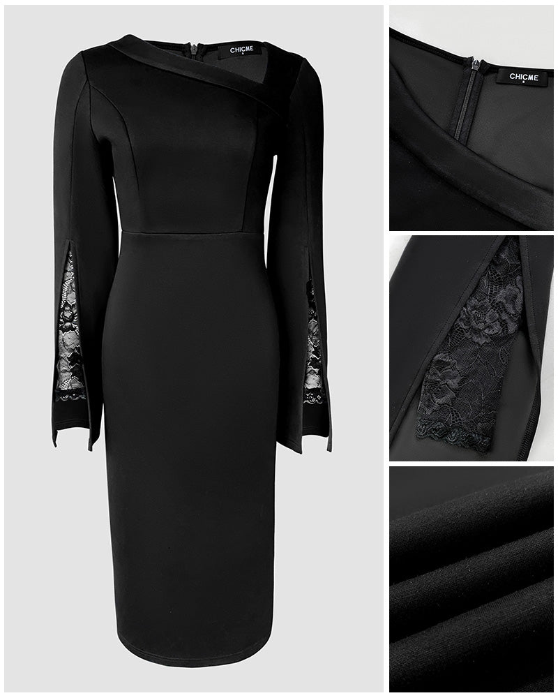 Asymmetrical Lace Dress with Split Sleeves and Back Zipper