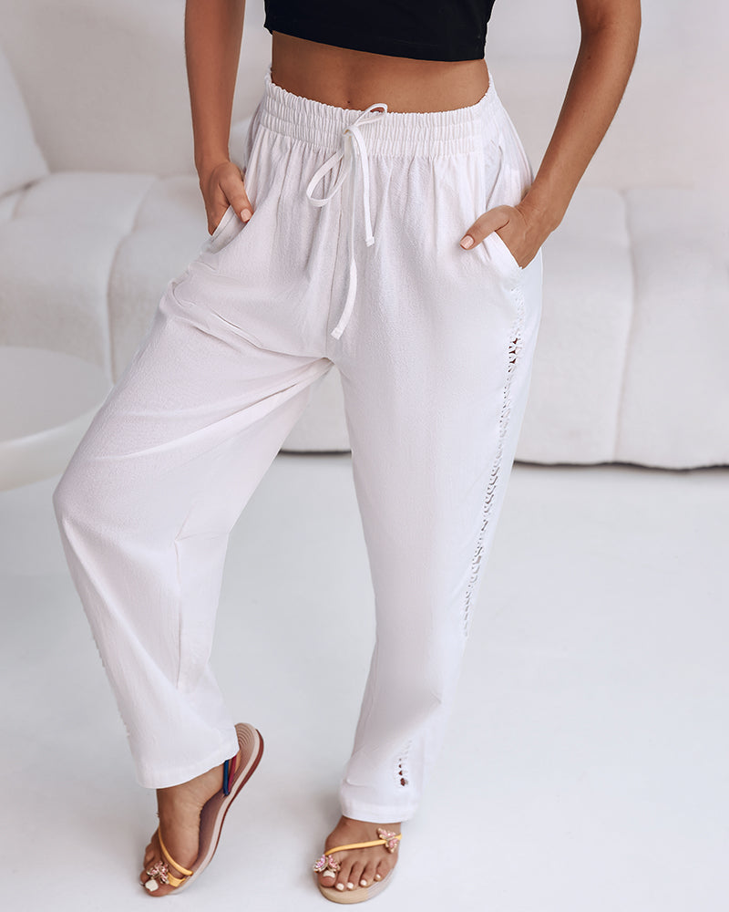 Elastic Drawstring Waist Pants with Side Pockets