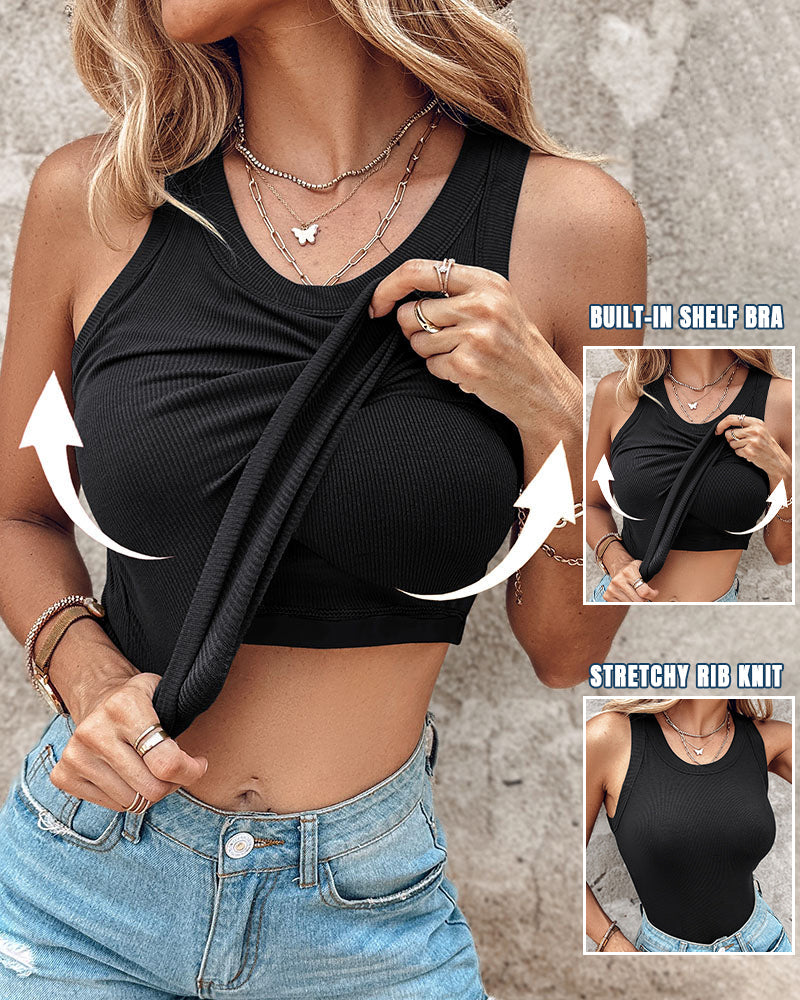 Ribbed Tank Top with Built-In Bra and Round Neck