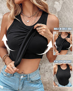Ribbed Tank Top with Built-In Bra and Round Neck