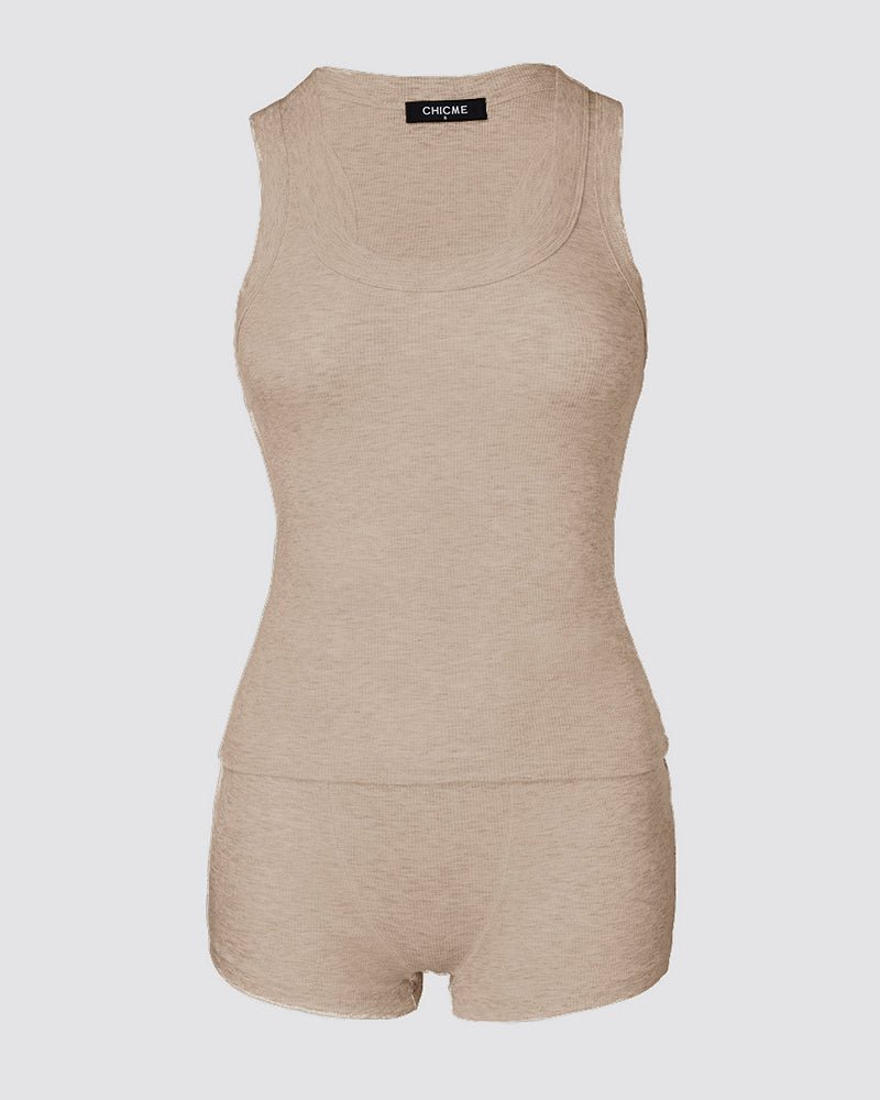 Beige ribbed sleeveless tank top with matching micro-ribbed boxer shorts lounge set.