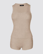 Beige ribbed sleeveless tank top with matching micro-ribbed boxer shorts lounge set.