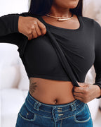 Built-In Bra U-Neck Tee Long Sleeve Stretchy Knit Top