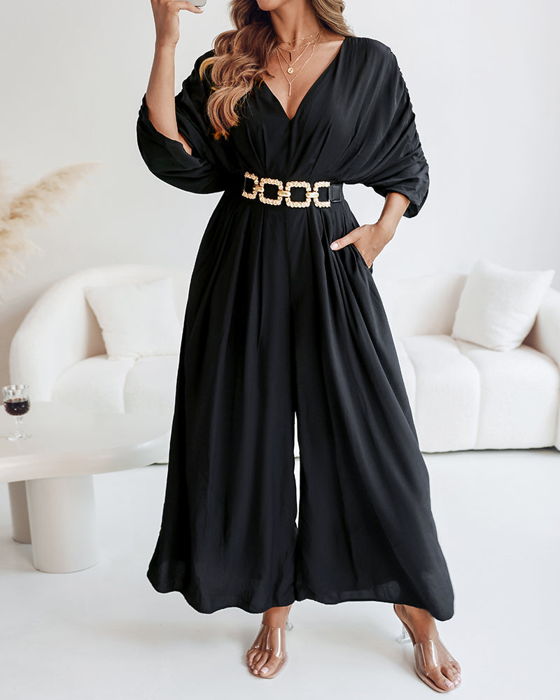 Deep V-Neck Jumpsuit with Ruched Sleeves and Waist Ties