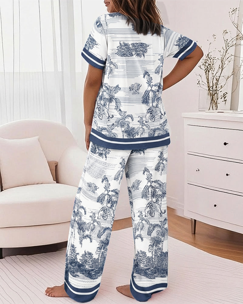2-piece pajama set featuring animal and plant prints, viewed from the back.