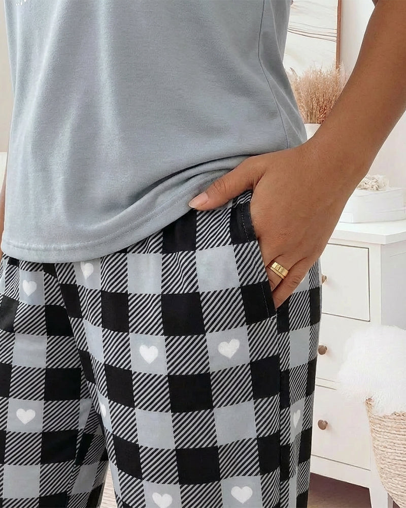 Light gray cami top with black-and-white plaid heart pajama pants from LA FINE FLEUR.