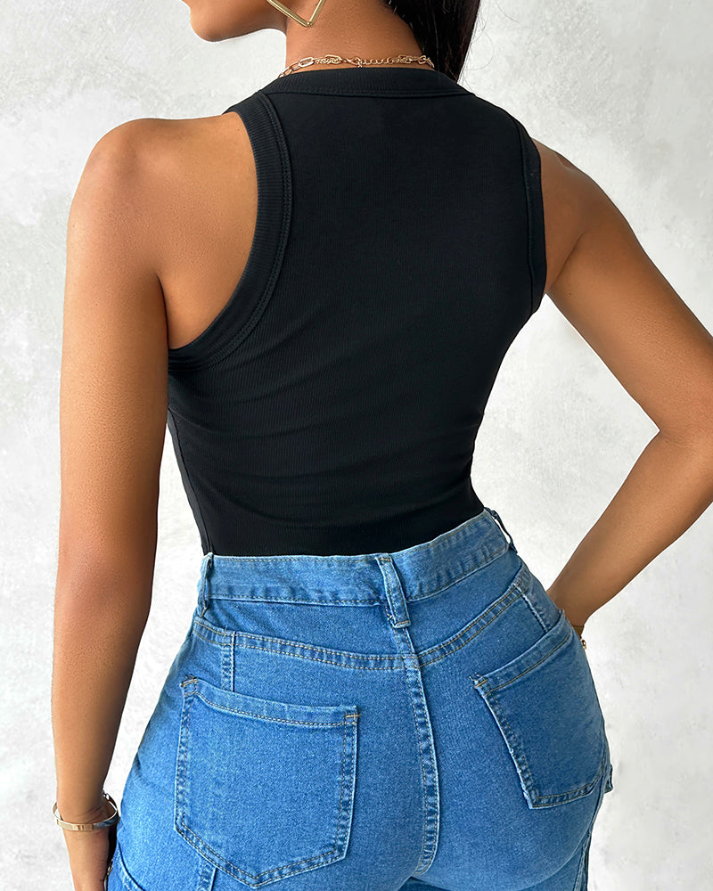 Ribbed Tank Top with Built-In Bra and Round Neck