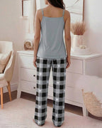 LA FINE FLEUR Eyelash Sleep Cami Top paired with Plaid Heart Pajamas.