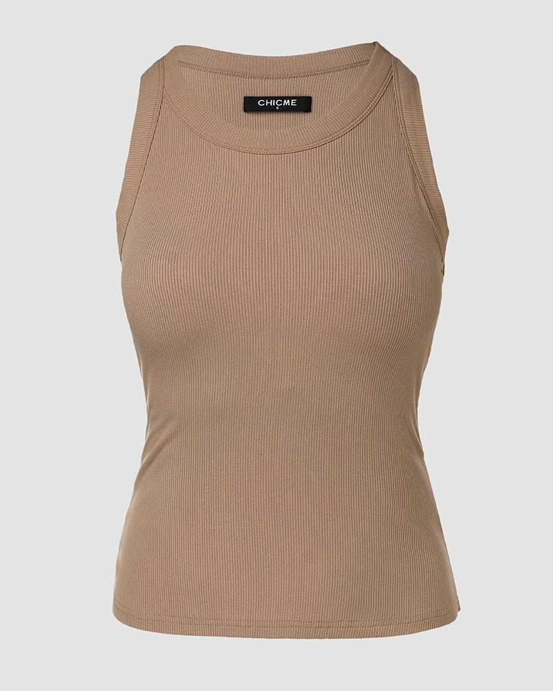 Ribbed Tank Top with Built-In Bra and Round Neck