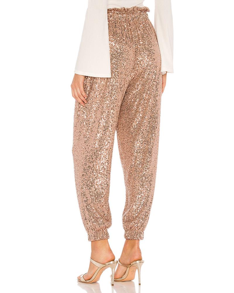 Sequin-Embellished Drawstring Cuffed Pants for Party Wear