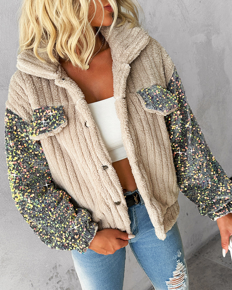 A beige colorblock teddy jacket with sequin patch sleeves and practical pockets.