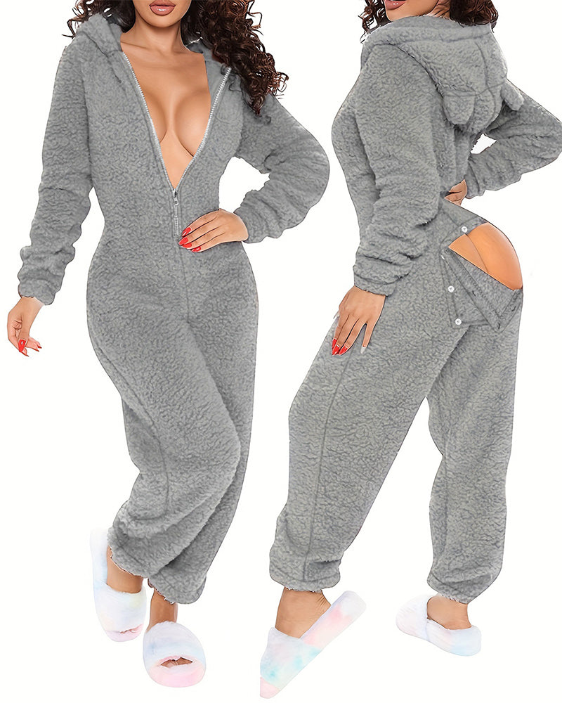 Gray jumpsuit with ear flaps, deep front zipper, rear buttoned flap, and 3D fluffiness.