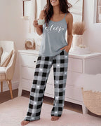 LA FINE FLEUR Eyelash Sleep Cami Top paired with plaid heart-print pajama pants set.