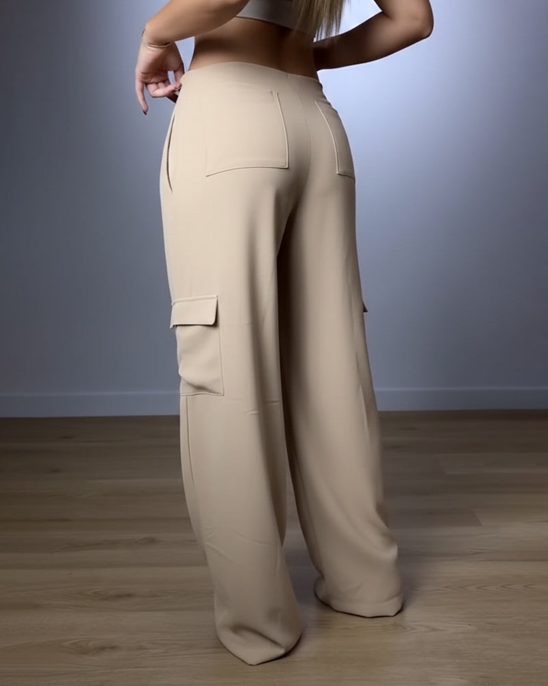 High-Waist Cargo Trousers with Pleats and Flap Pockets