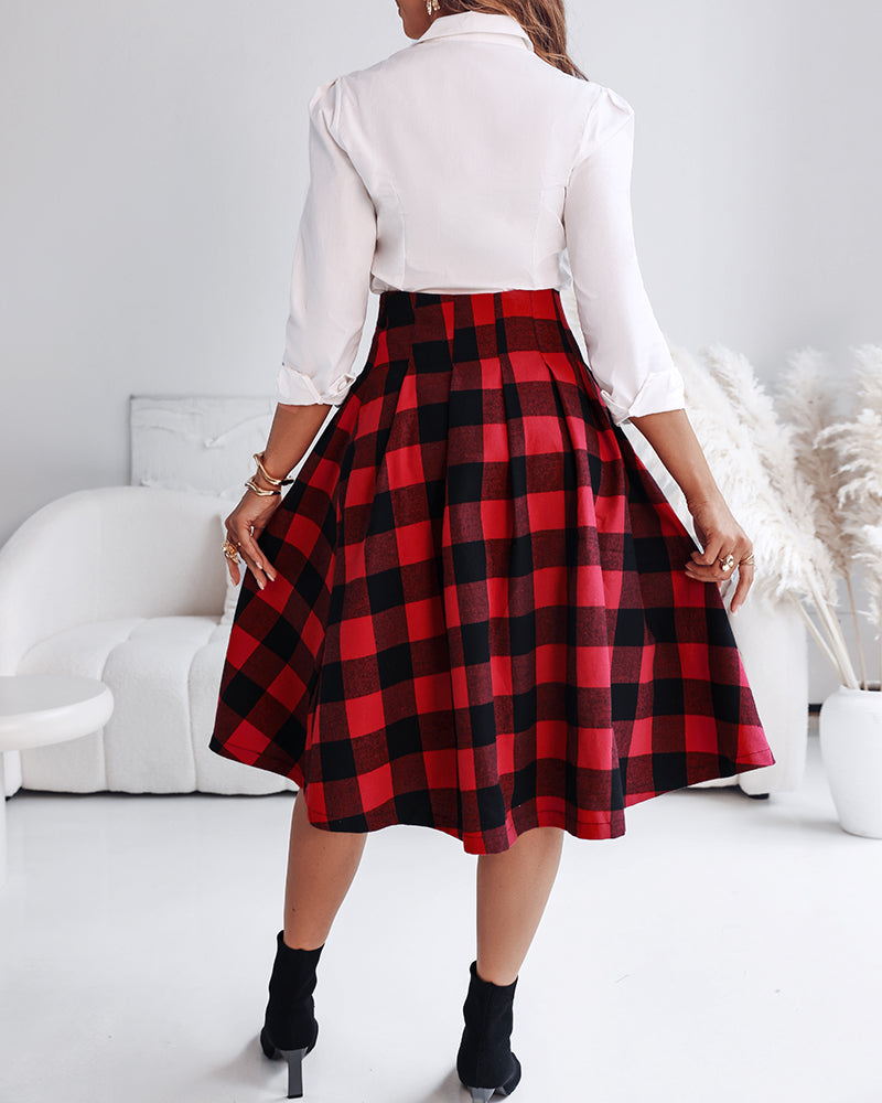 Plaid High-Waist A-Line Skirt with Side Slit
