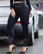 Floral Cut-Out Asymmetrical Skinny Pants with Elastic Waist