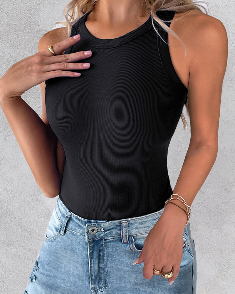 2-Pack Ribbed Racerback Tank Tops, Round Neck, No Bra Pads