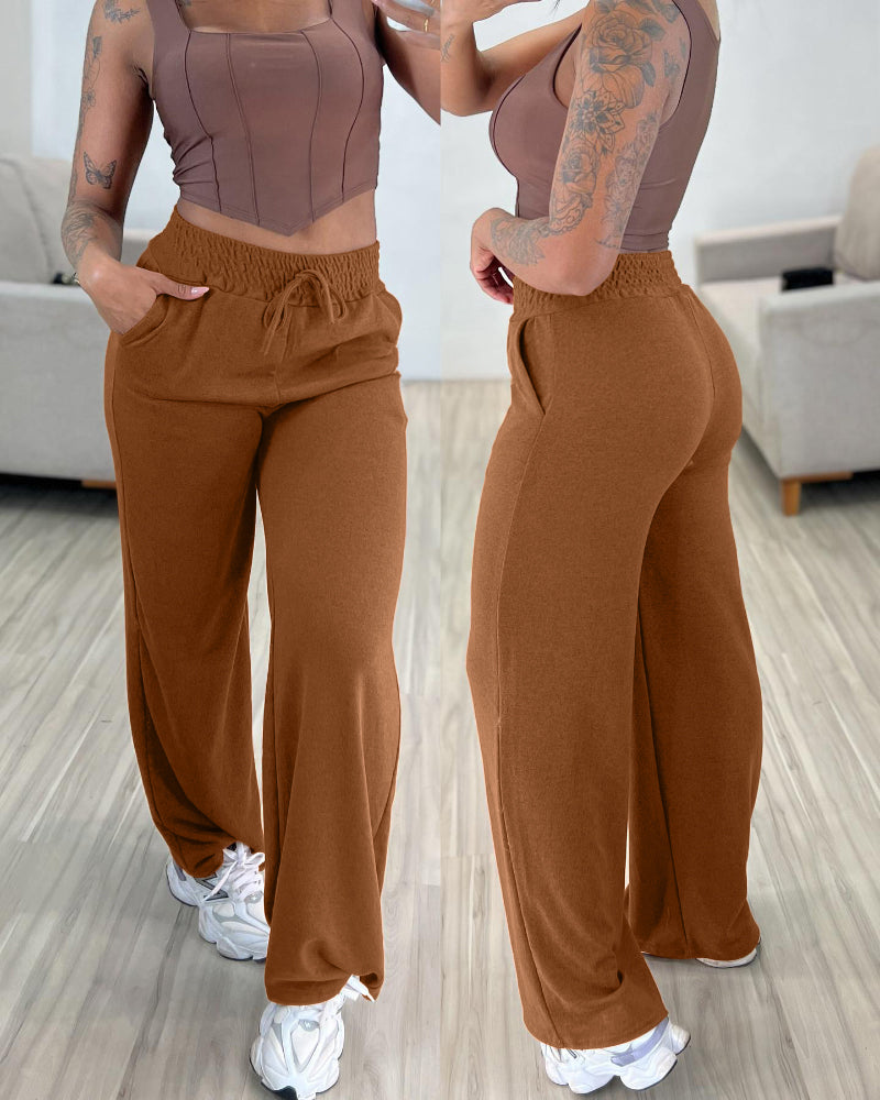 High Waist Casual Pants with Elastic Drawstring