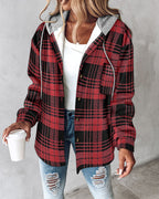 LA FINE FLEUR Plaid Button-Up Hoodie with Asymmetrical Hem and Thermal Lining over a white top.