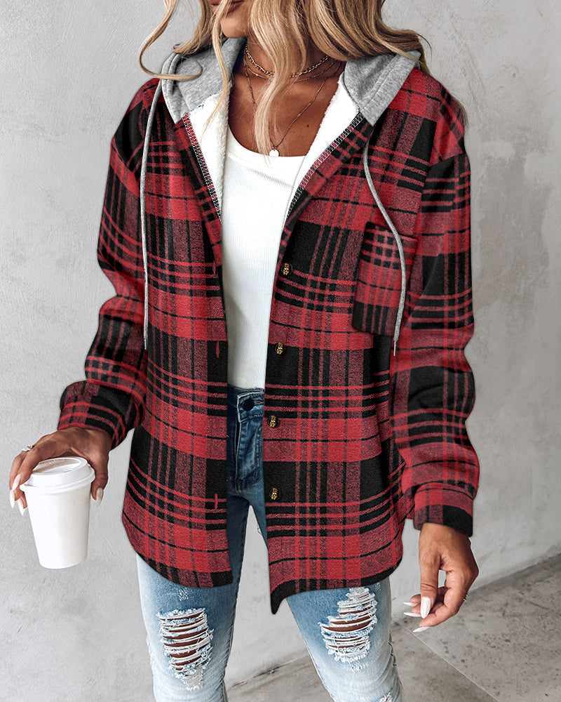 LA FINE FLEUR Plaid Button-Up Hoodie with Asymmetrical Hem and Thermal Lining over a white top.