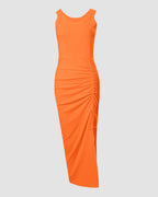 Side Slit Sleeveless Ribbed Maxi Dress with Drawstring Ruching