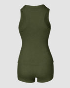 Olive green micro-ribbed sleeveless tank and high-waisted boxer shorts lounge set shown from back.