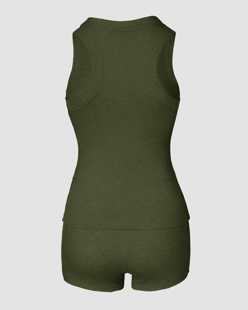 Olive green micro-ribbed sleeveless tank and high-waisted boxer shorts lounge set shown from back.