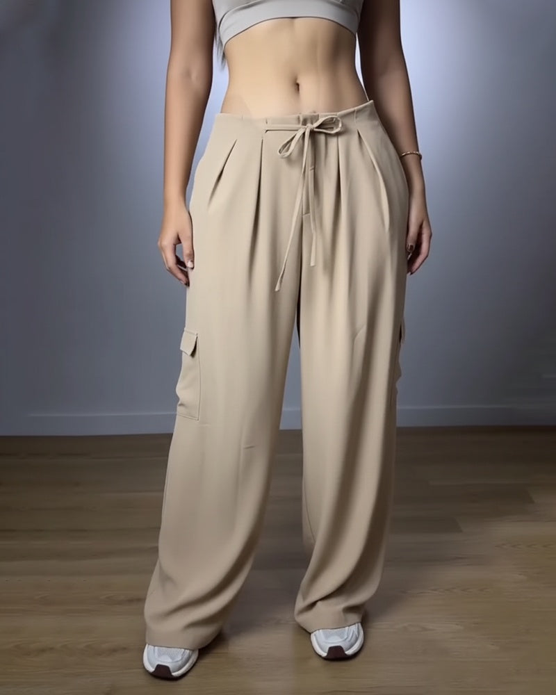 High-Waist Cargo Trousers with Pleats and Flap Pockets