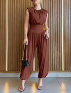 Padded Shoulder Sleeveless Jumpsuit with Cinched Waist and Side Slit