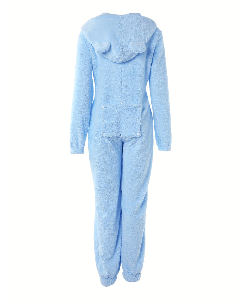 Light blue plush hooded jumpsuit with rounded 3D ears, buttoned flap, and square pocket.