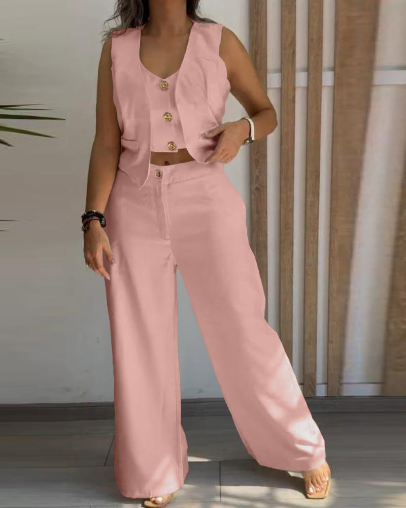 Light pink LA FINE FLEUR V-neck vest crop top and wide-leg pants set.