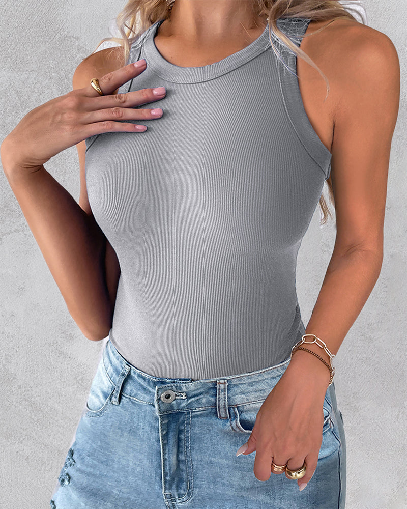 2-Pack Ribbed Racerback Tank Tops, Round Neck, No Bra Pads