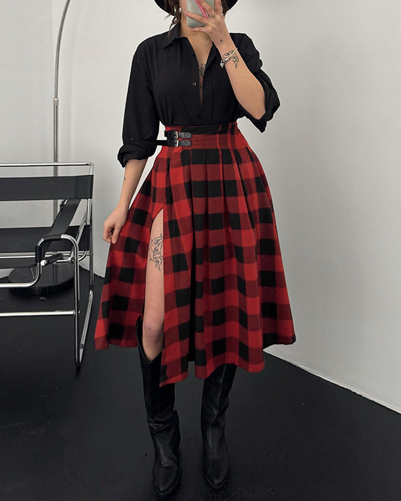 Plaid High-Waist A-Line Skirt with Side Slit