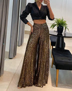 High-Waist Wide-Leg Sequined Evening Pants