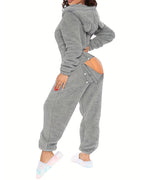 LA FINE FLEUR Buttoned Ear Flap Lounge Jumpsuit featuring 3D cozy texture and unbuttoned back flap.