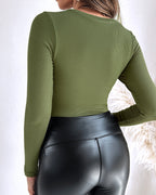 Built-In Bra U-Neck Tee Long Sleeve Stretchy Knit Top