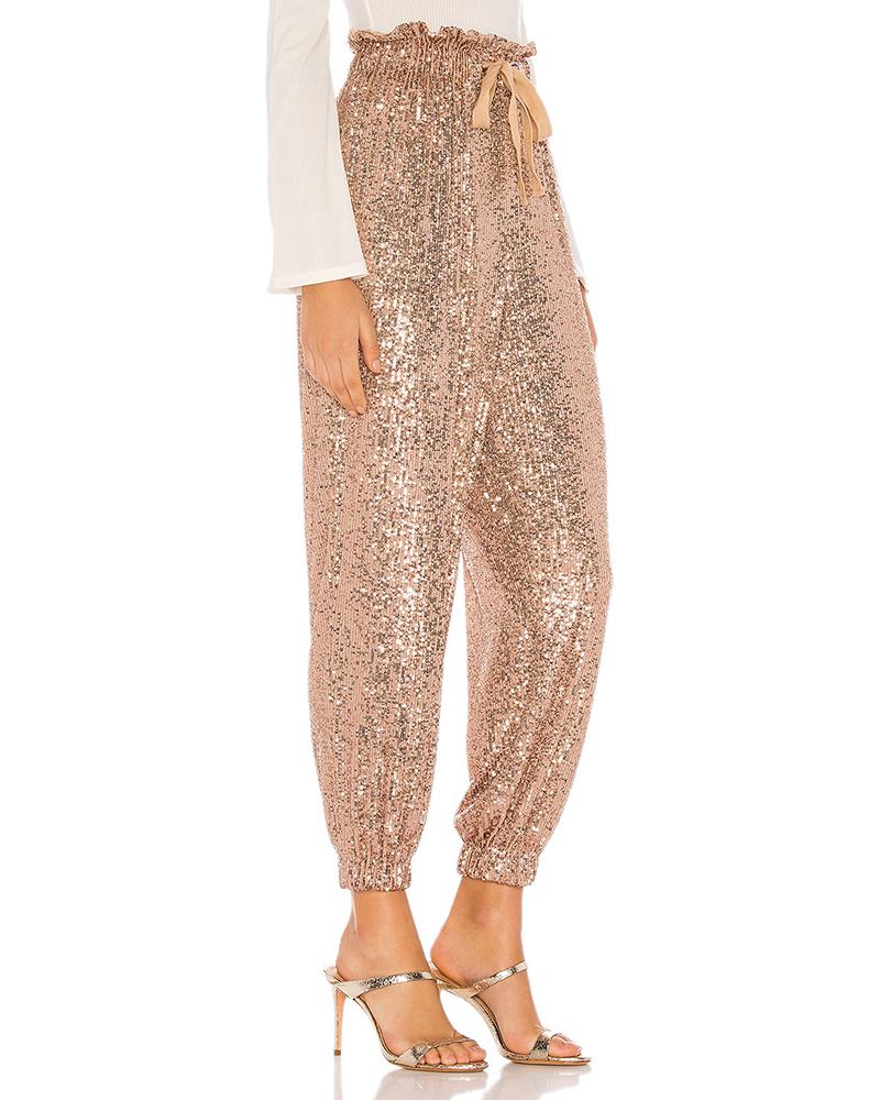Sequin-Embellished Drawstring Cuffed Pants for Party Wear