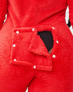 Buttoned Ear Flap Lounge Jumpsuit with 3D cozy fluffiness and an unbuttoned back flap.