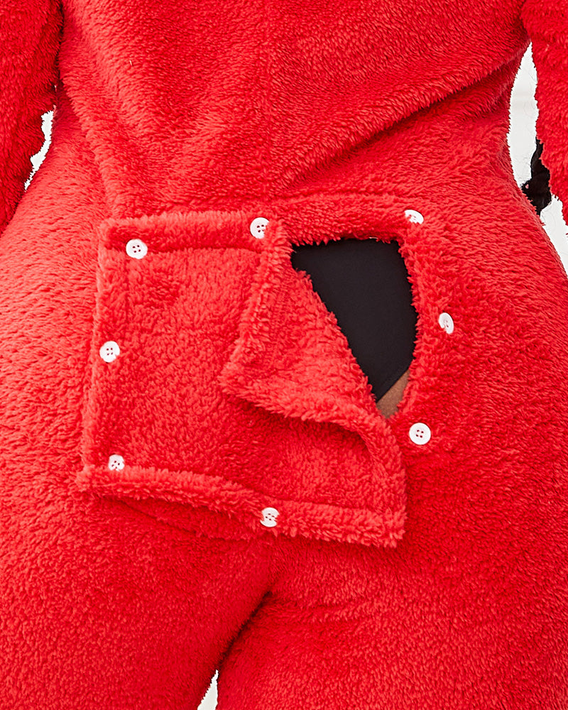 Buttoned Ear Flap Lounge Jumpsuit with 3D cozy fluffiness and an unbuttoned back flap.