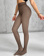 High Waist Fleece-Lined Thermal Fake Translucent Leggings